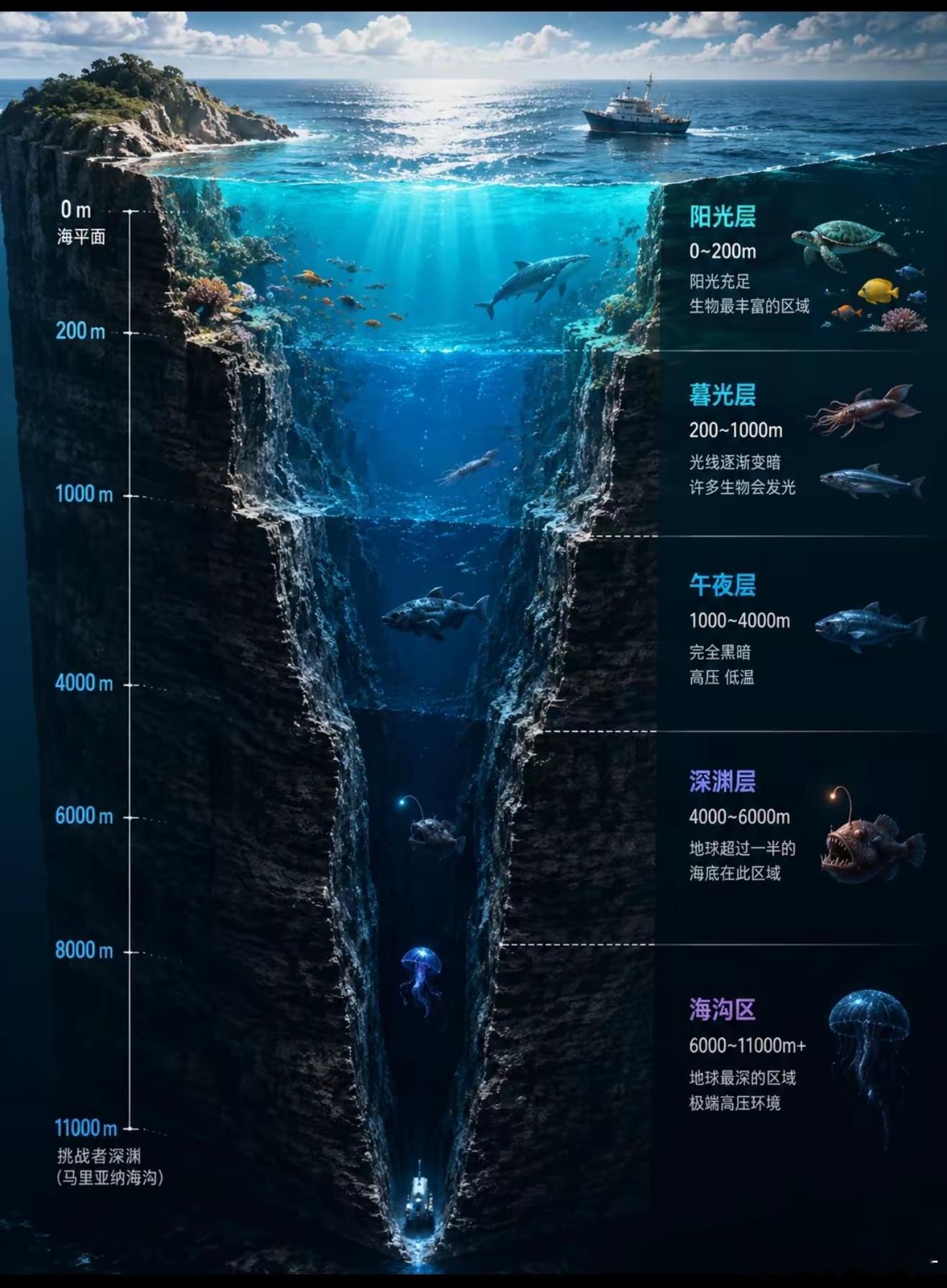 海洋到底有多深？对于直径12742千米的地球来说，11千米的马里亚纳海沟，不过是