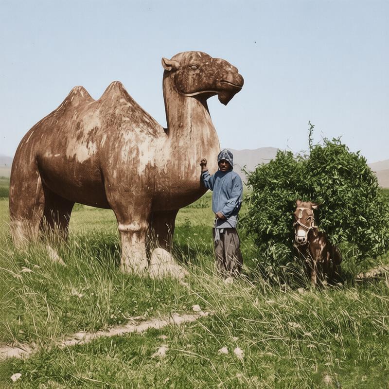 晚清至民国初年，北京明十三陵神道旁，巨大的石雕是明十三陵神道上的石骆驼，属于石像