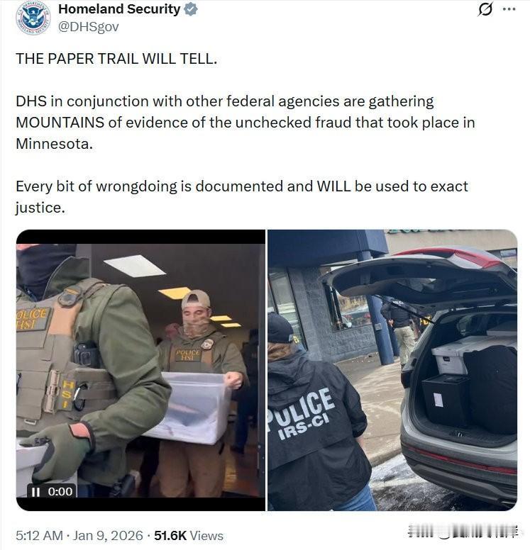 纸面证据终将说话国土安全部正会同其他联邦机构，收集明尼苏达州肆无忌惮的欺诈行