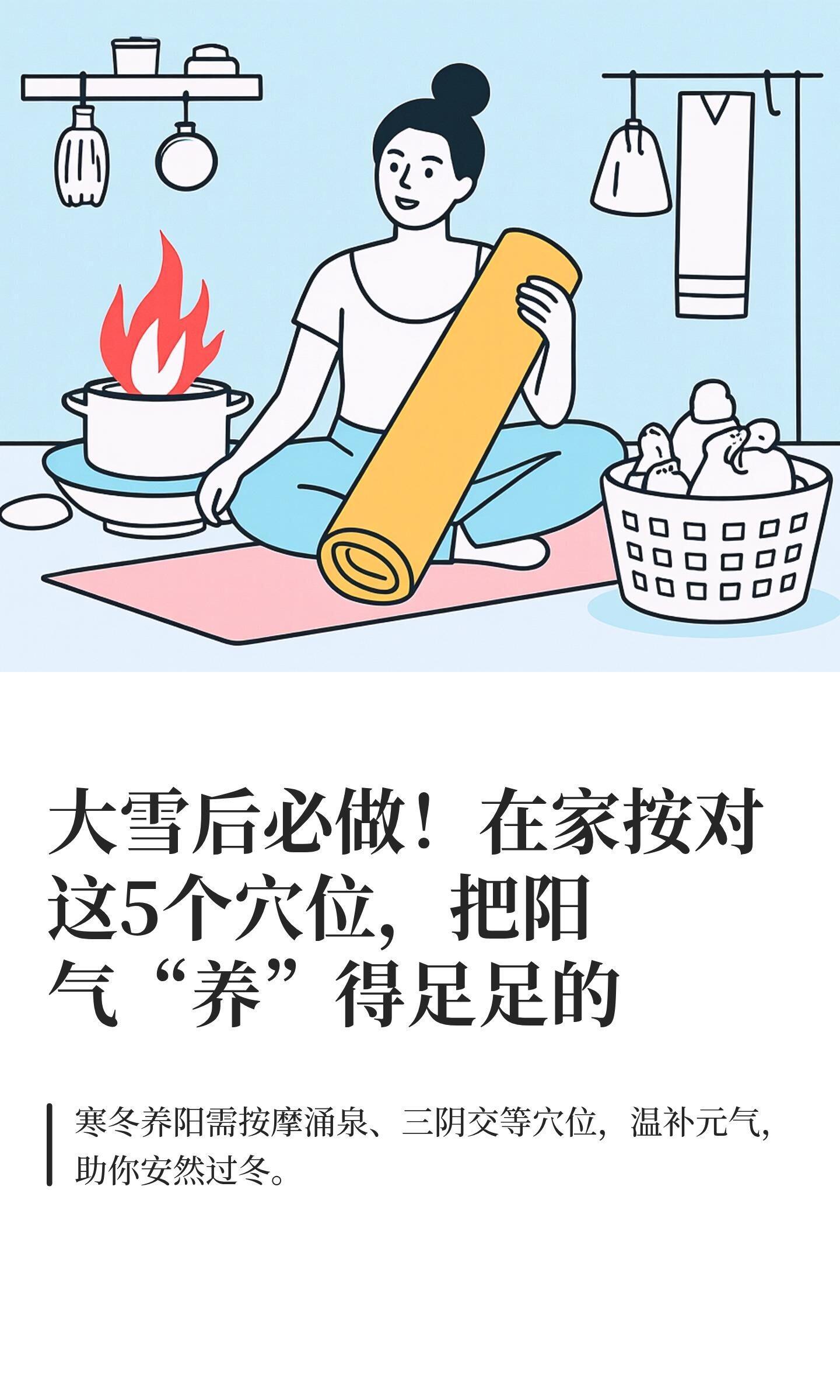 大雪后必做！在家按对这5个穴位，把阳气“寒冬养阳，推荐五个穴位按摩法：涌泉穴改善