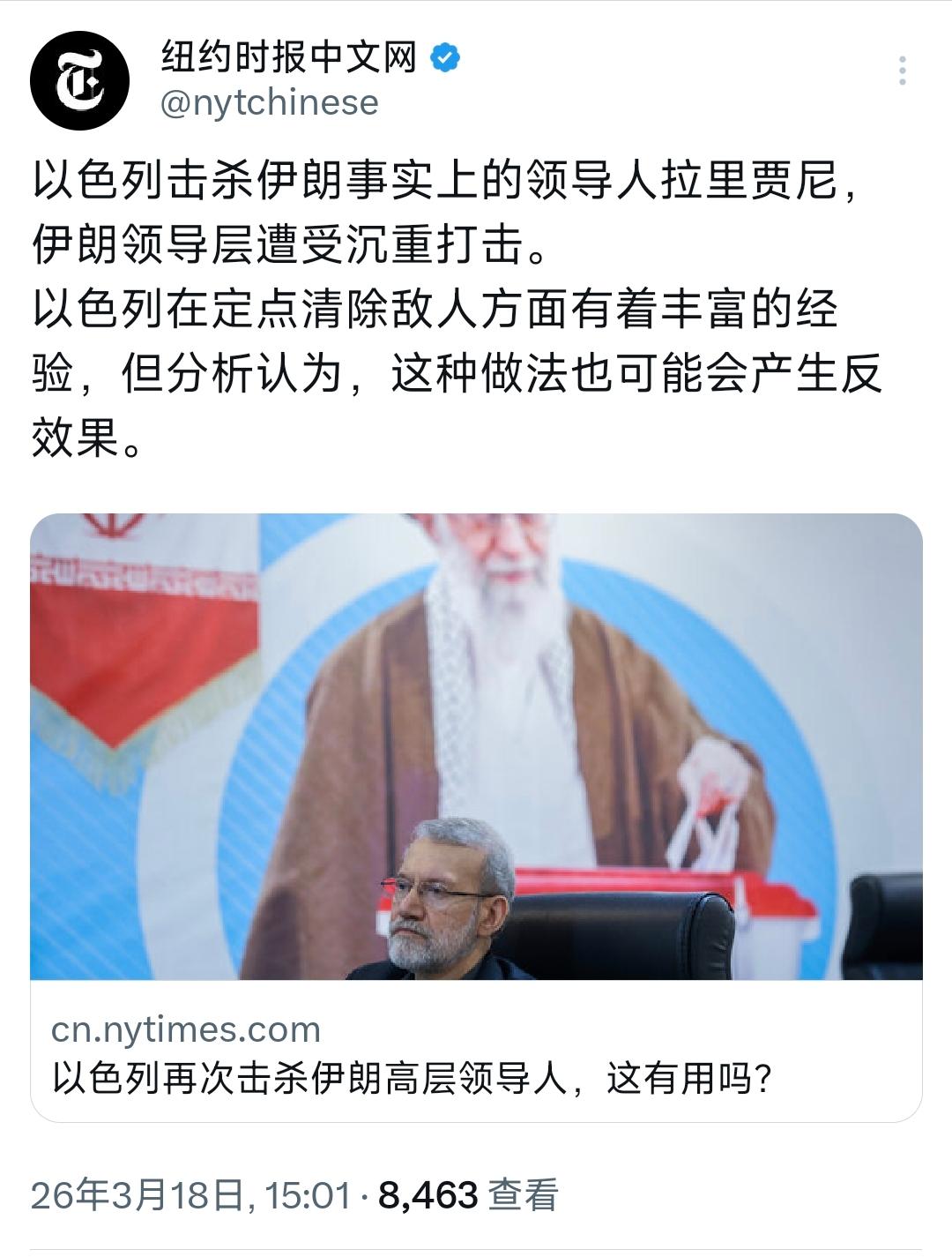 纽约时报中文网今天（3月18日）写道：“以色列再次击杀伊朗高层领导人，这有用吗？