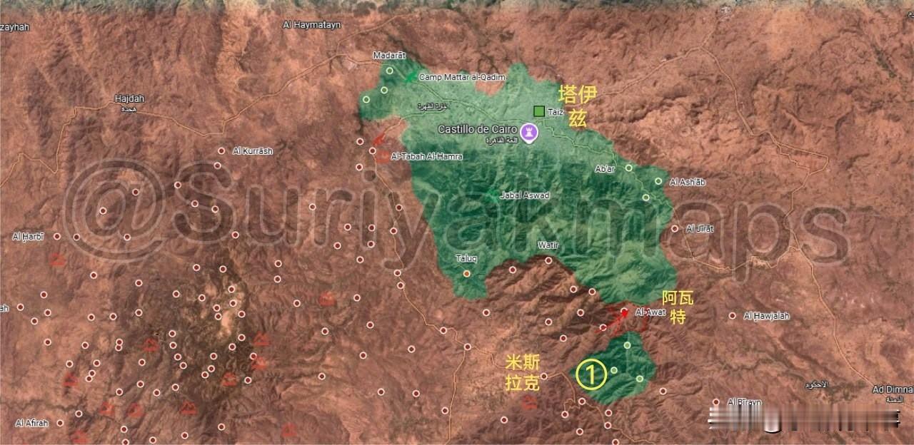 TG信源“牢苏”（Suriyak）更新了10月14日也门塔伊兹前线的最新局势图。