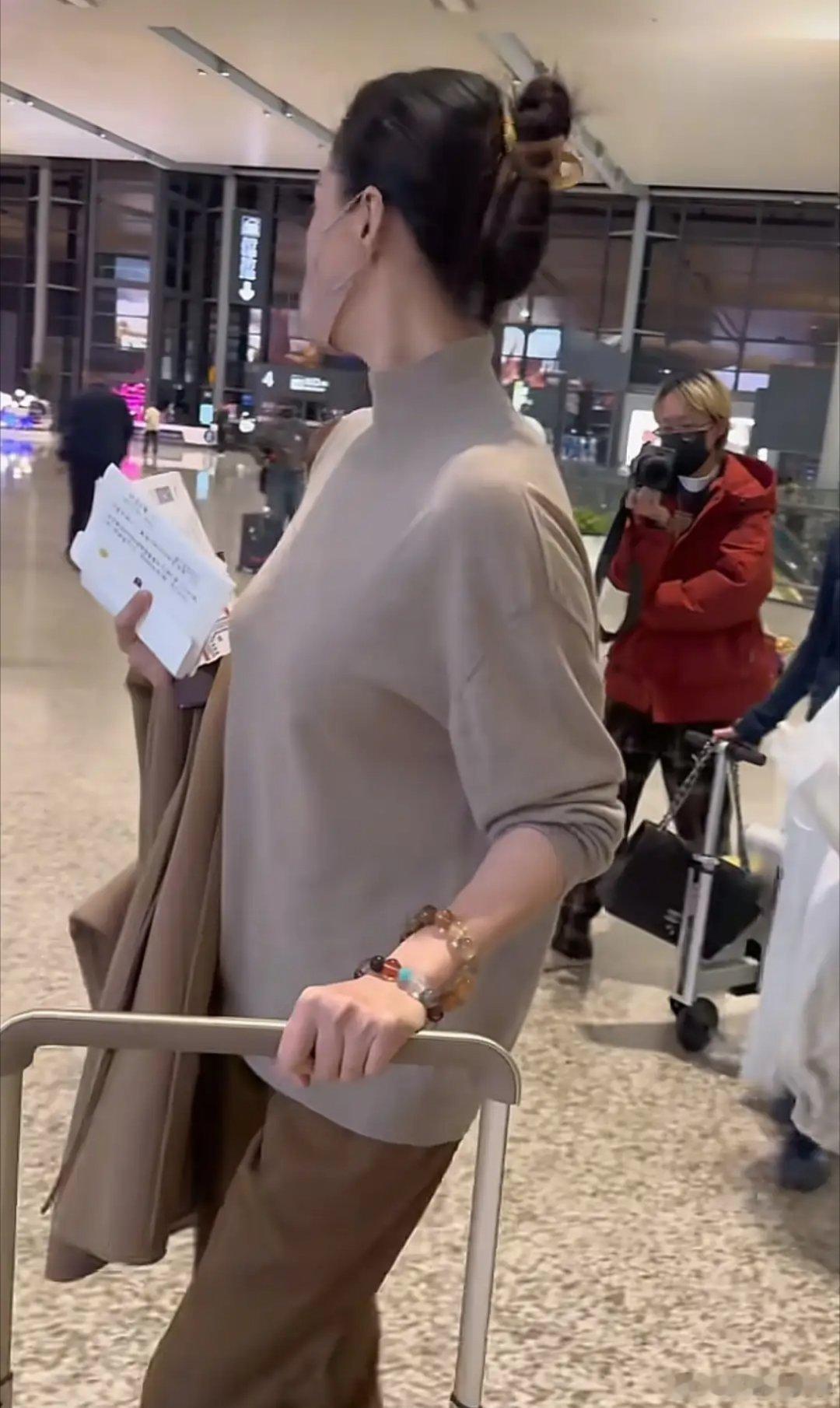 42岁蒋欣机场亮相，高领毛衣搭配阔腿裤，简约穿搭衬得脸小颈长，一头浓密秀发更添风