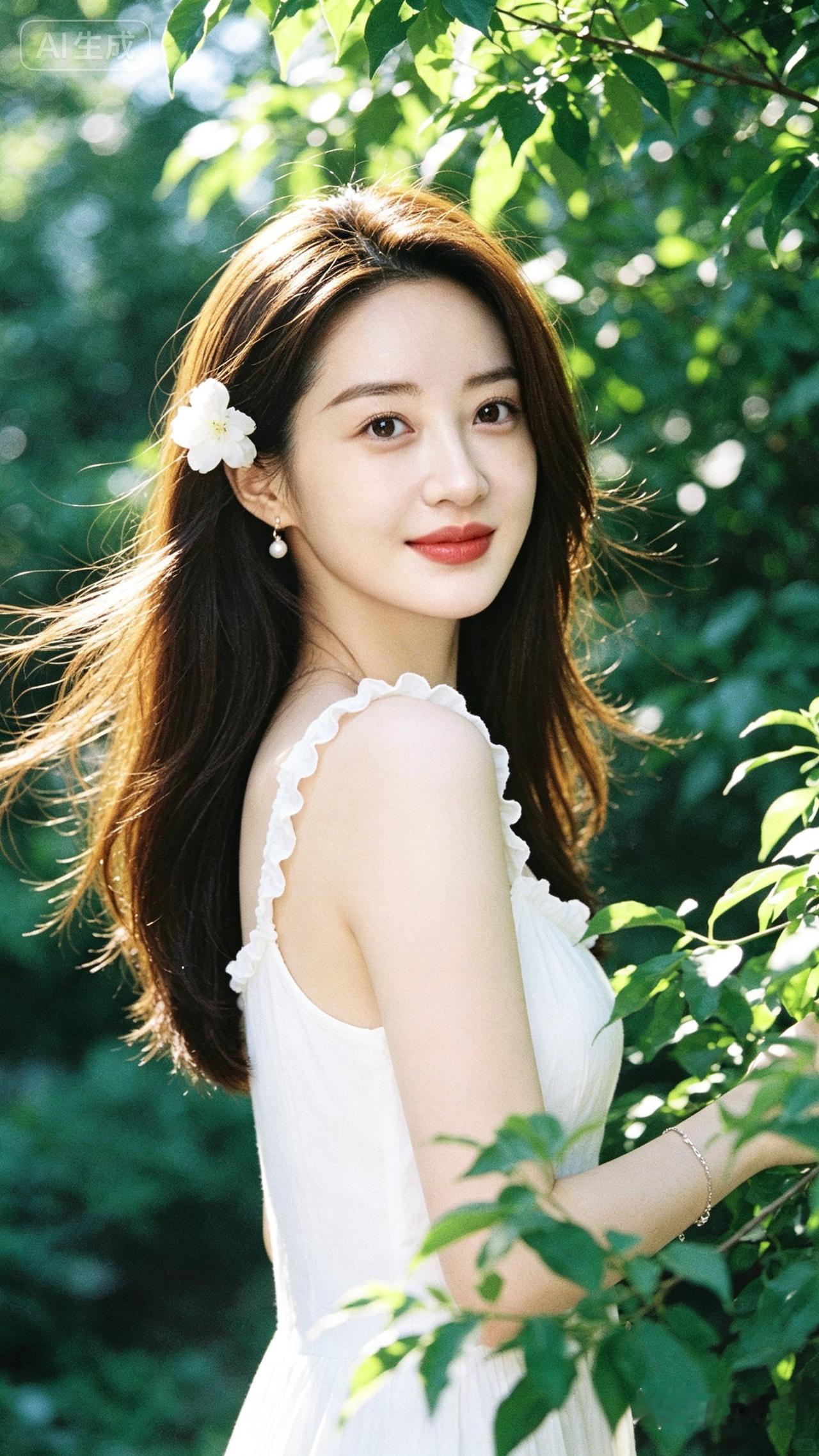 夏日清新少女，绿意盎然中绽放自然之美