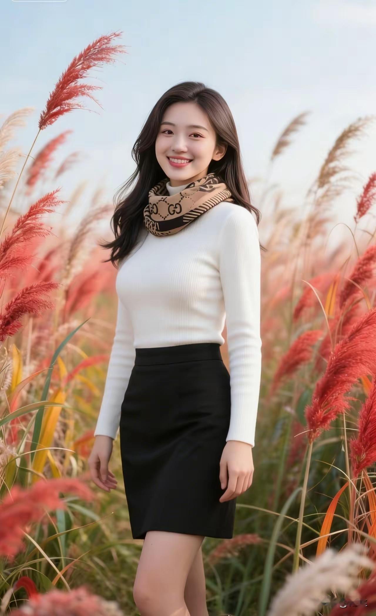 天净沙·苇间倩影苇穗摇映蓝天，间风轻拂衣绵，晴照眸明韵展。秋光图卷，影