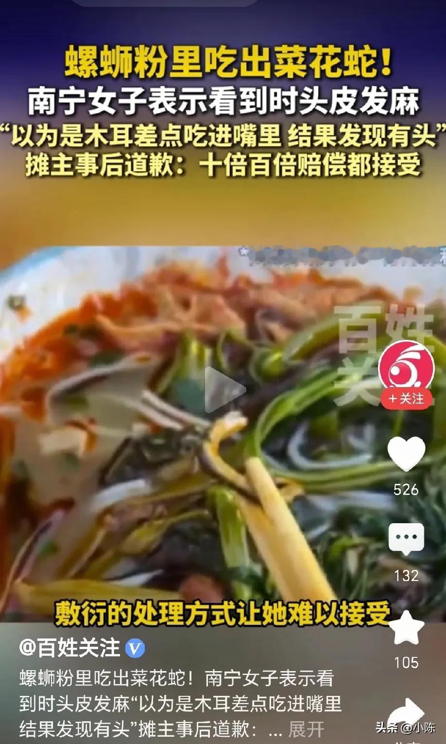 头皮发麻！广西南宁，女子在路边摊吃螺狮粉，螺狮粉端上桌以后，她习惯性用筷子翻拌了