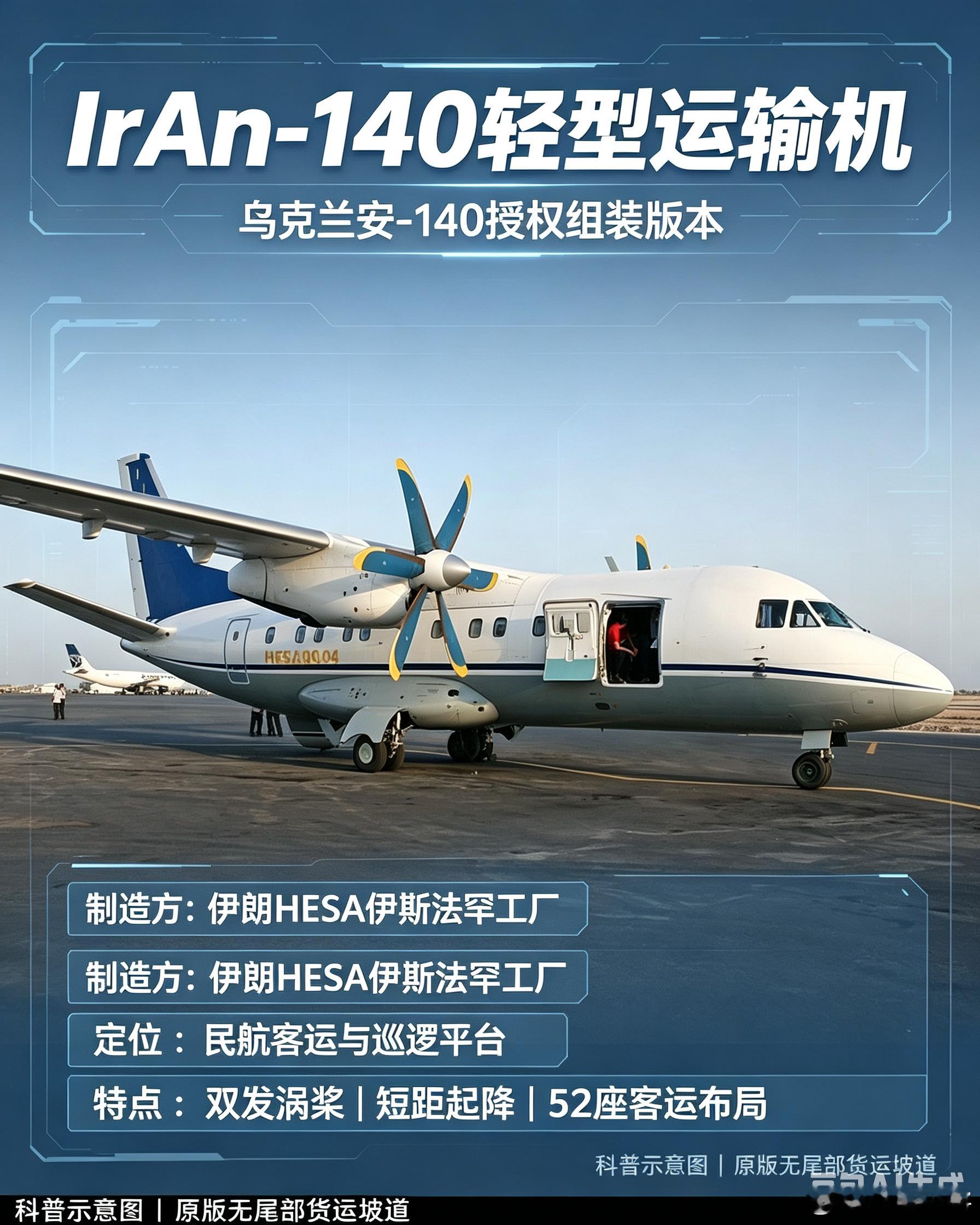 IrAn-140运输机，伊朗引进乌克兰安-140授权本土组装，双发涡桨布局，客运