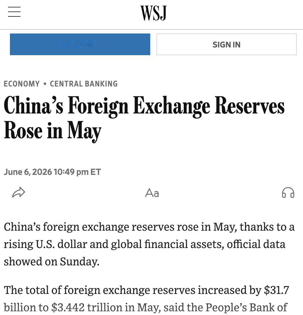 美媒：中国5月外汇储备增至3.442万亿美元，超市场预期中国人民银行最新数据