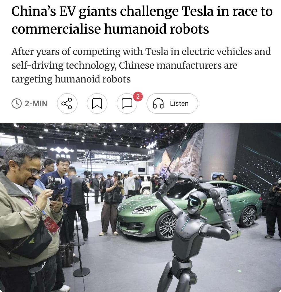外媒：中国电动车巨头挑战特斯拉，开辟人形机器人新战场在电动车和自动驾驶领域与