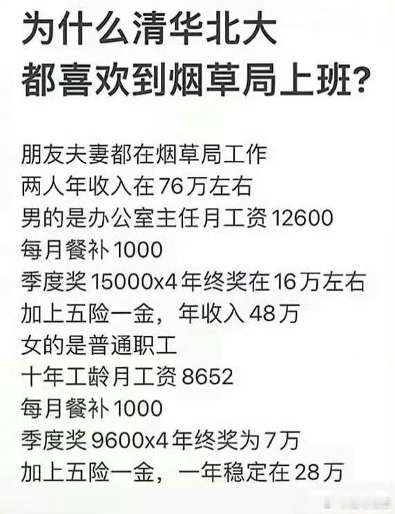 网上看到一张图，不知道是不是真的，难道烟草局待遇有这么好？