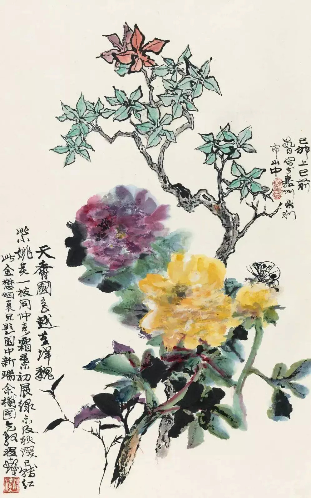 程十发《牡丹》，纸本设色77×47.5cm。款识：己卯上巳前数日，写于嘉州帝