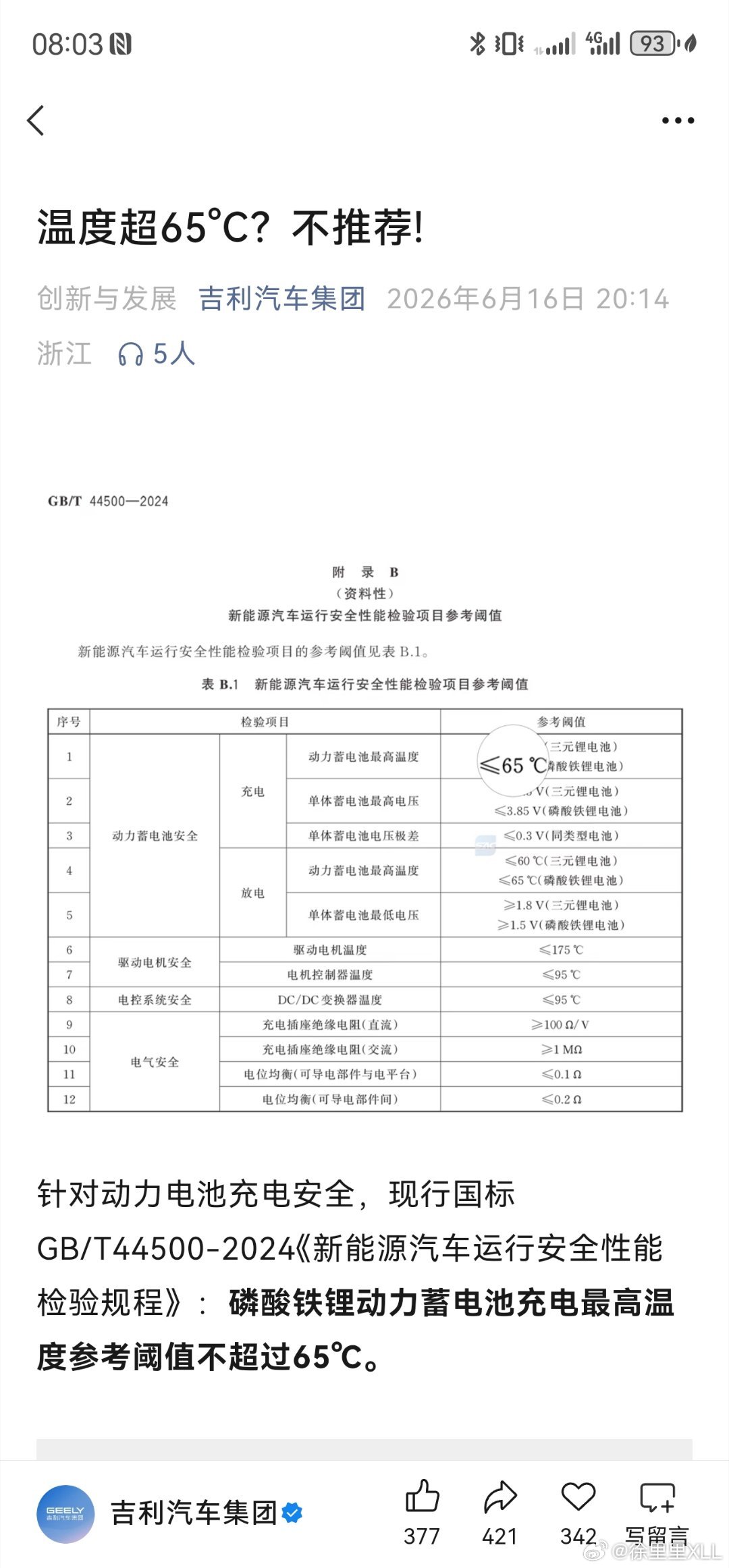 吉利说，温度能超过65度的电池不推荐。有没有依据？还真有。国标GB／T4450