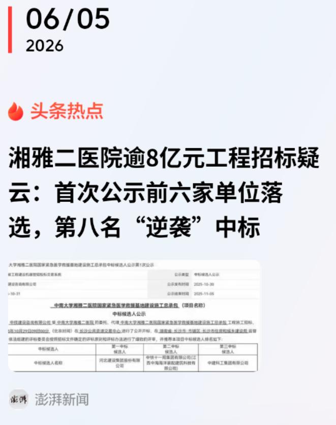 “太离谱！”湖南长沙，8.27亿医院大项目招标，首轮6家候选人全被换掉，第八名离
