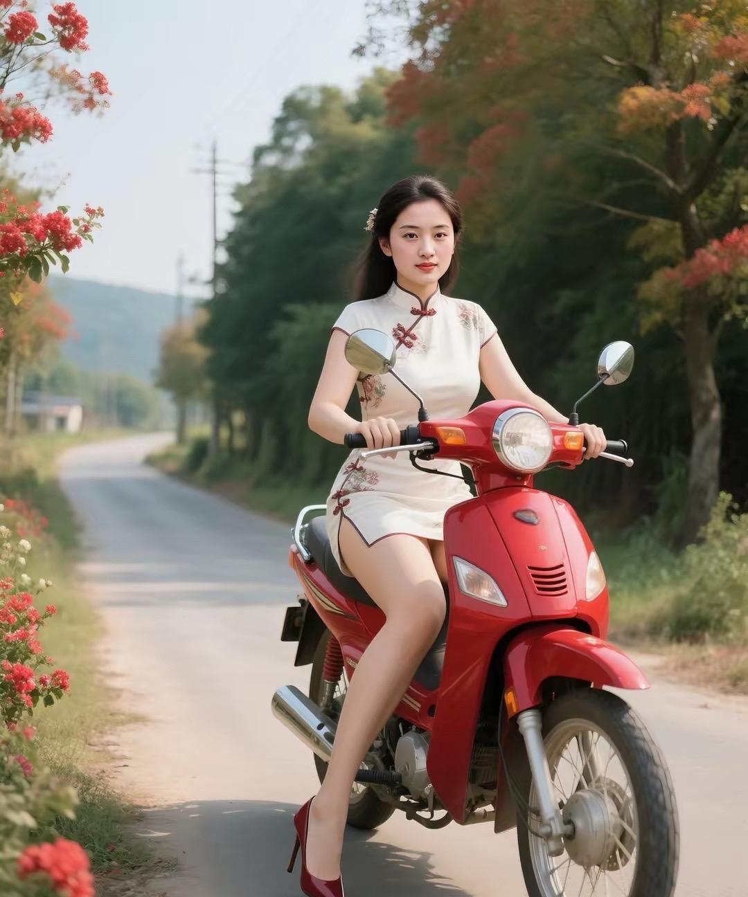 山村美景暮春的风漫过蜿蜒山径，她身着素色旗袍，骑一辆红摩托，成为山间灵动的注脚