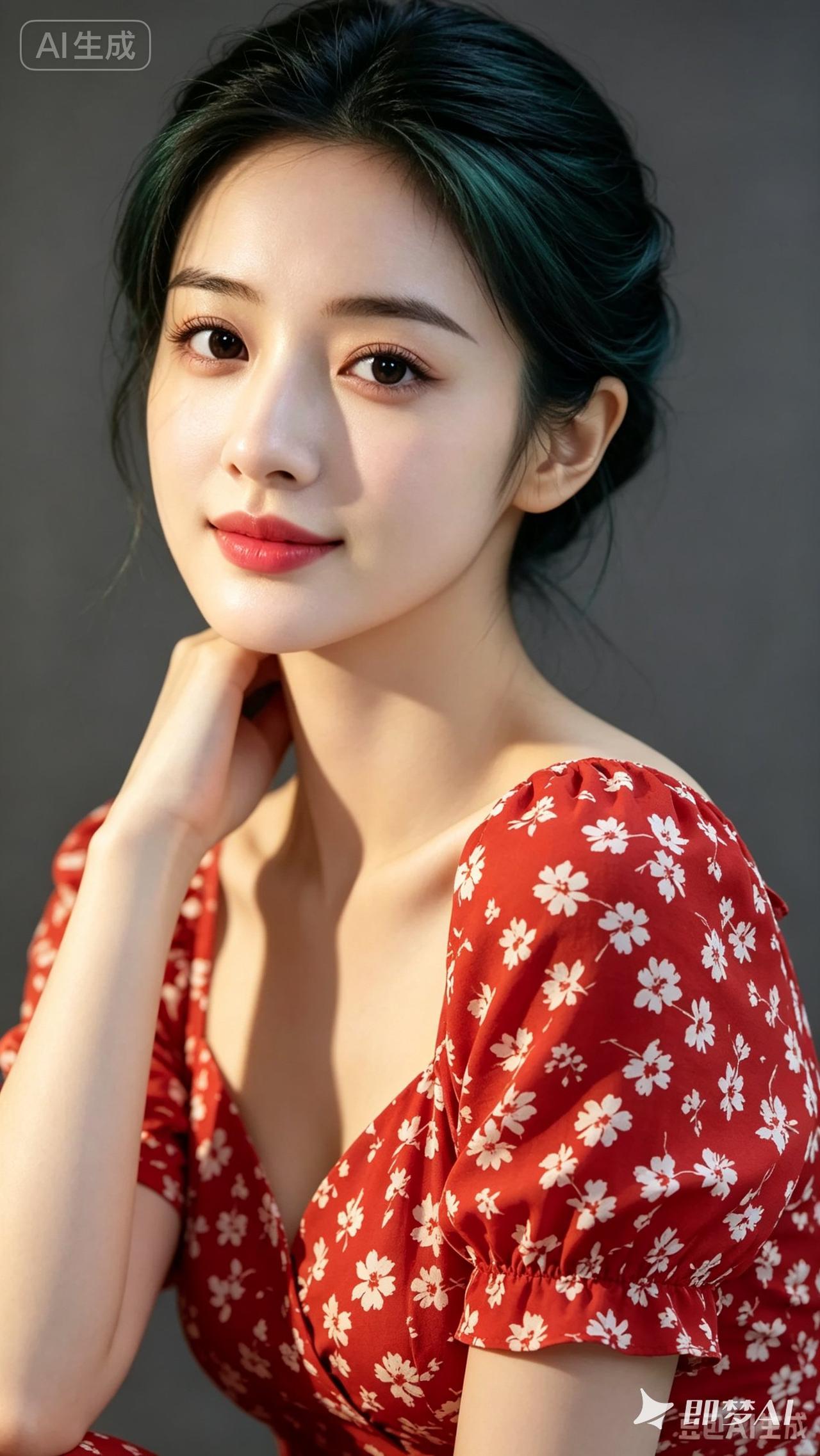 温柔甜美的少女，红白相间的花裙，散发着自然的美感。
