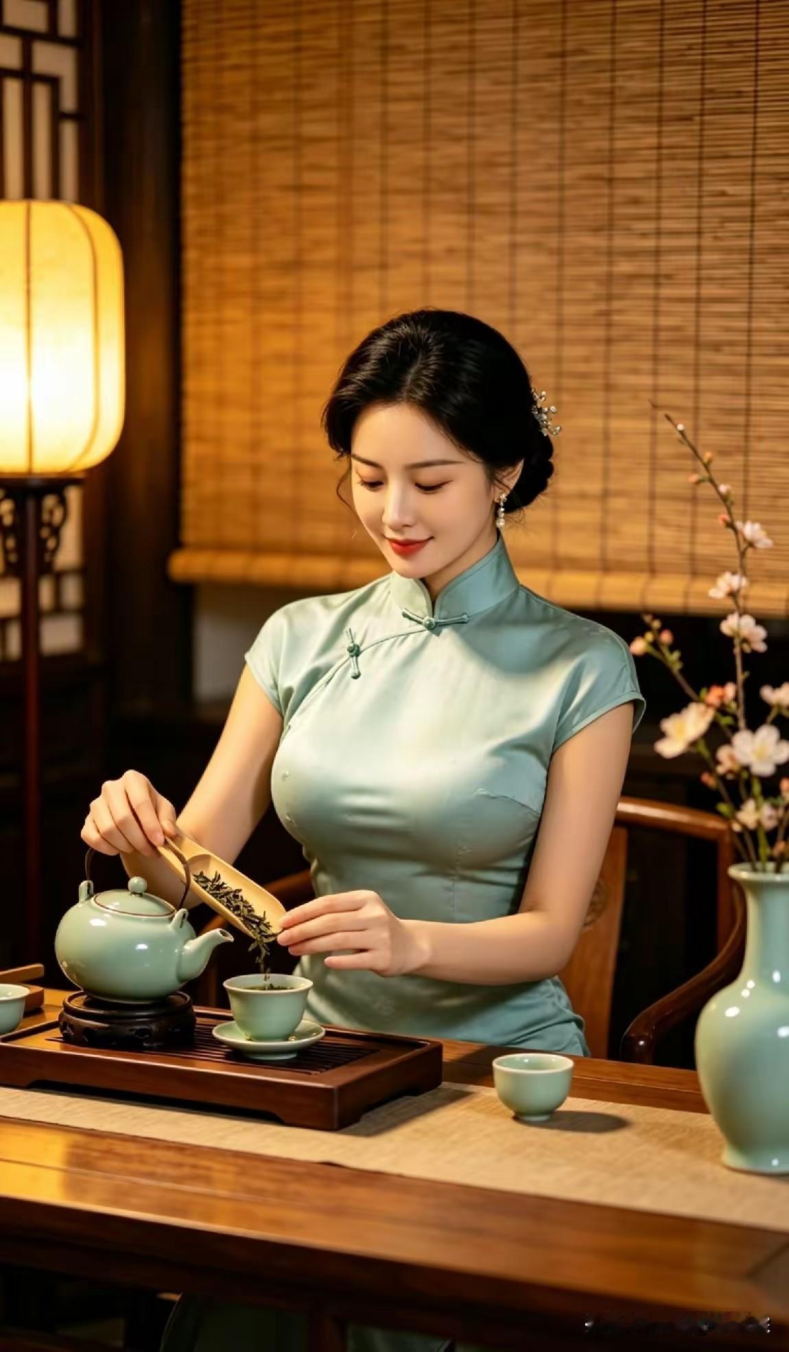 旗袍雅致，国风古韵。一杯清茶，品味人生，浮沉之间，人生得失。平和心态，知足