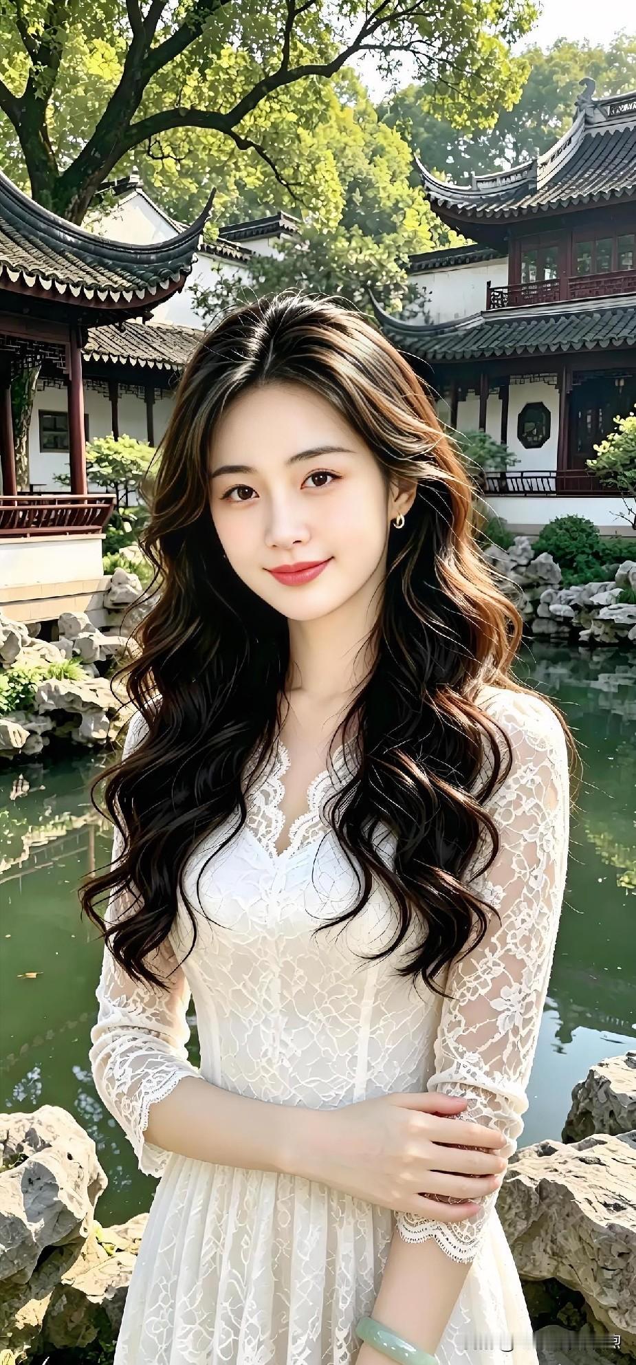 现代散文诗白裙蕾丝轻绕，长发如瀑垂肩。亭台水榭间，她一笑倾城，似从江南水