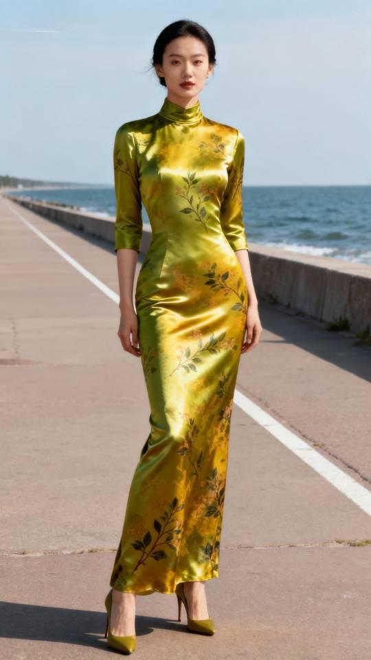 模特海边展示金色香云纱长旗袍裙。旗袍黄金旗袍美人中式香云纱旗袍