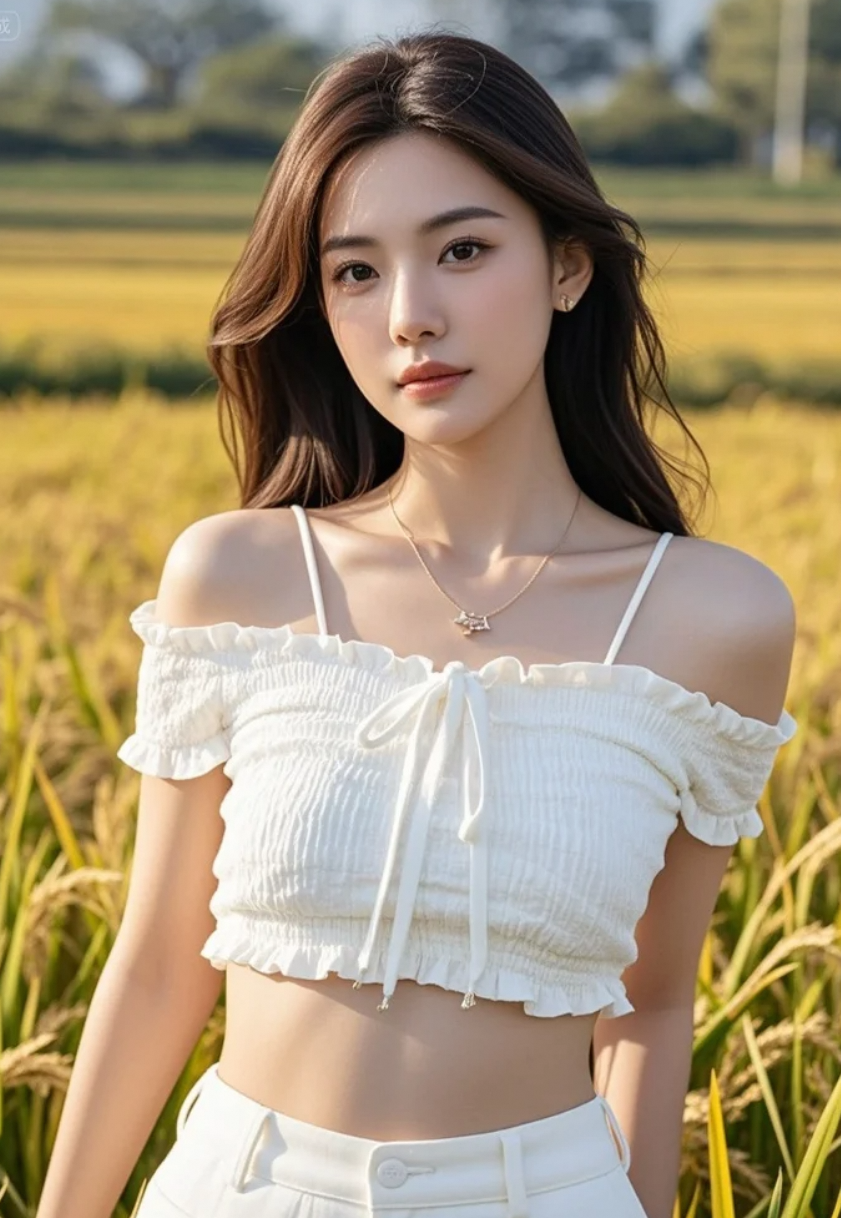 一袭素衣，立于金色海洋，静候一场丰收的私语。