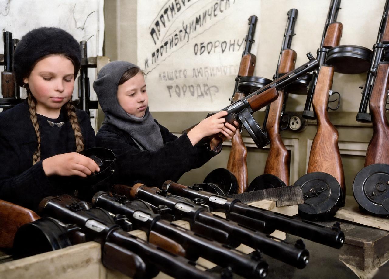 这是1943年列宁格勒的两名女孩在组装捷格佳廖夫冲锋枪。虽然，这两名女孩显然对组