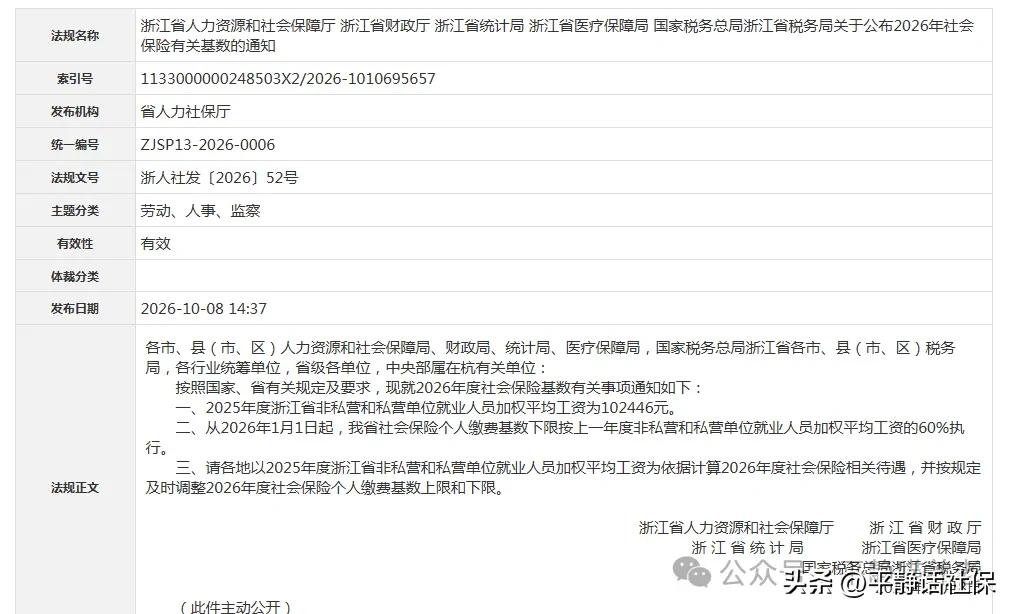 浙江人社官网发布2026年社保缴费基数及上下限。2026年社保缴费基数为853