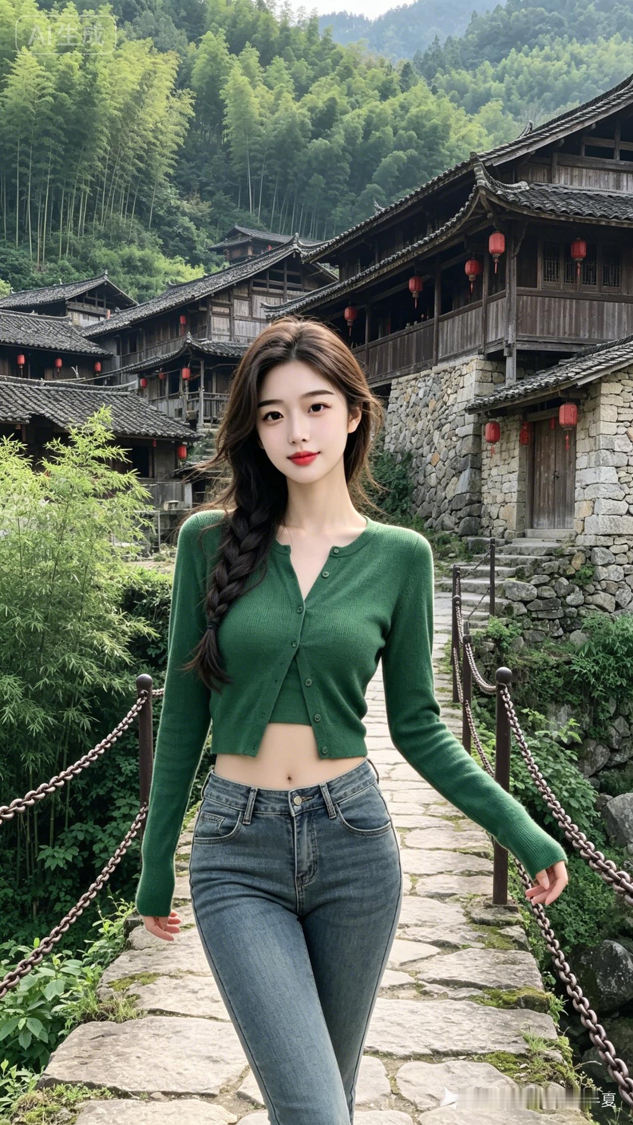 深棕单侧长麻花辫垂肩，正绿开衫配牛仔铅笔裤，露小蛮腰，冷白皮肤在山间古寨日光里透
