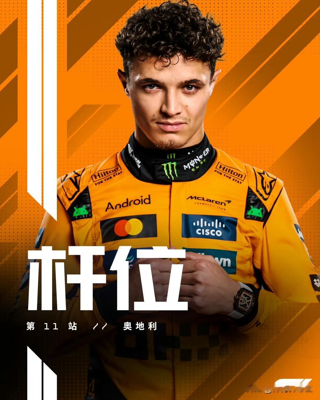 诺里斯取得F1奥地利大奖赛杆位！这是他今年的第三个杆位！勒克莱尔第二，皮亚斯特