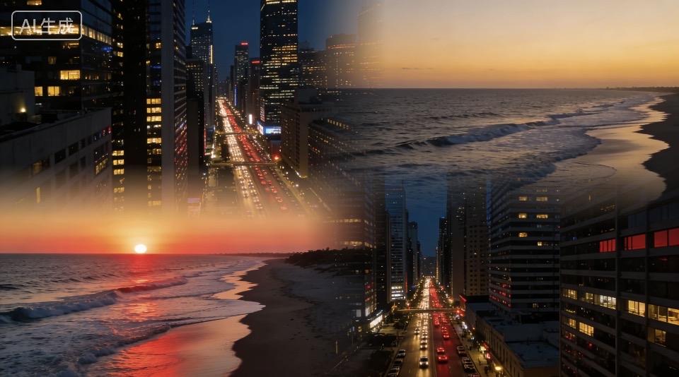 城市与海滩的完美融合，夕阳下的繁华与宁静站在这城市与海滩相接之处，目力所及，是海