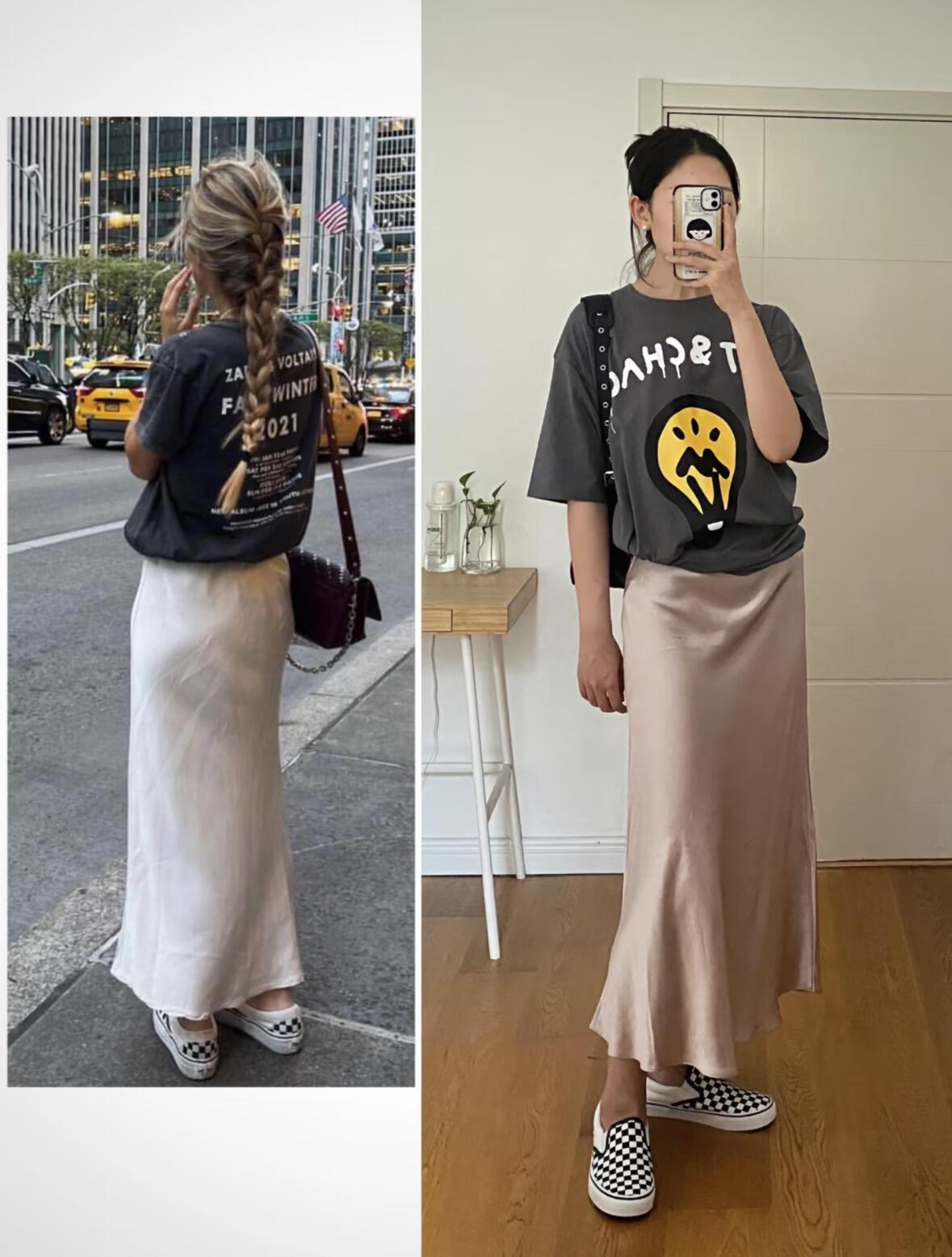 跟博主学穿搭，五一出游这样穿超美！把ins风日常公式照搬上身，T恤配缎面半裙、