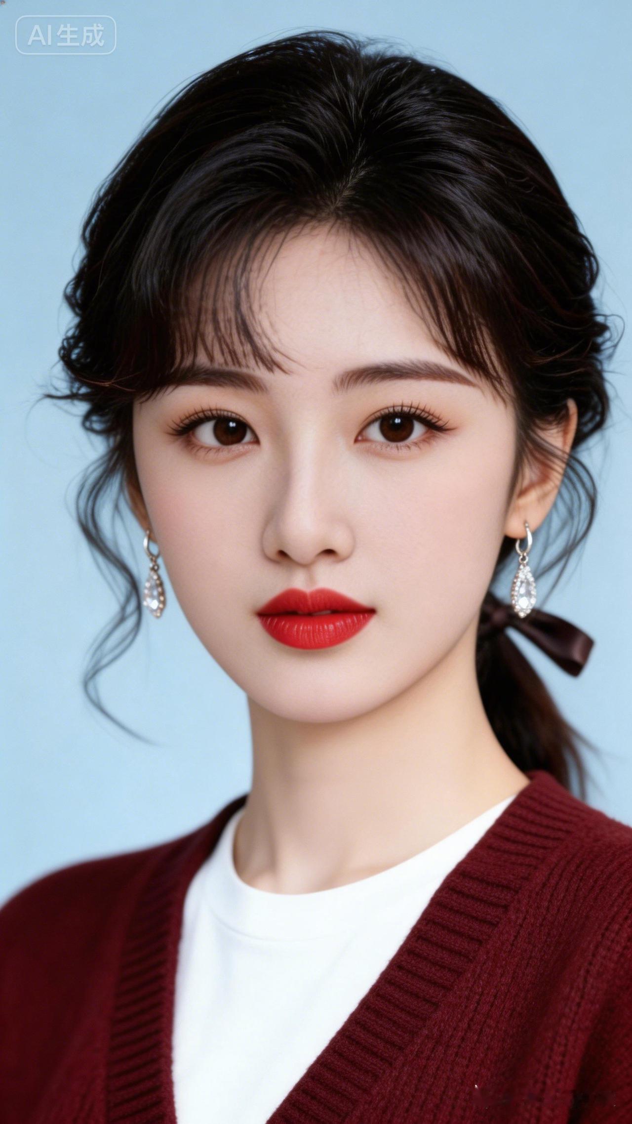 温柔甜美的少女风，红唇与珍珠耳环的完美搭配，尽显优雅气质。