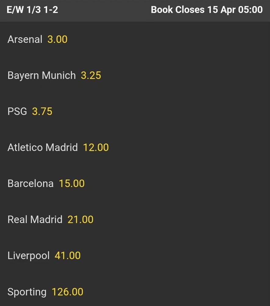 国外某机构给出的欧冠最新夺冠赔率！阿森纳3.00拜仁3.25大巴黎3.75