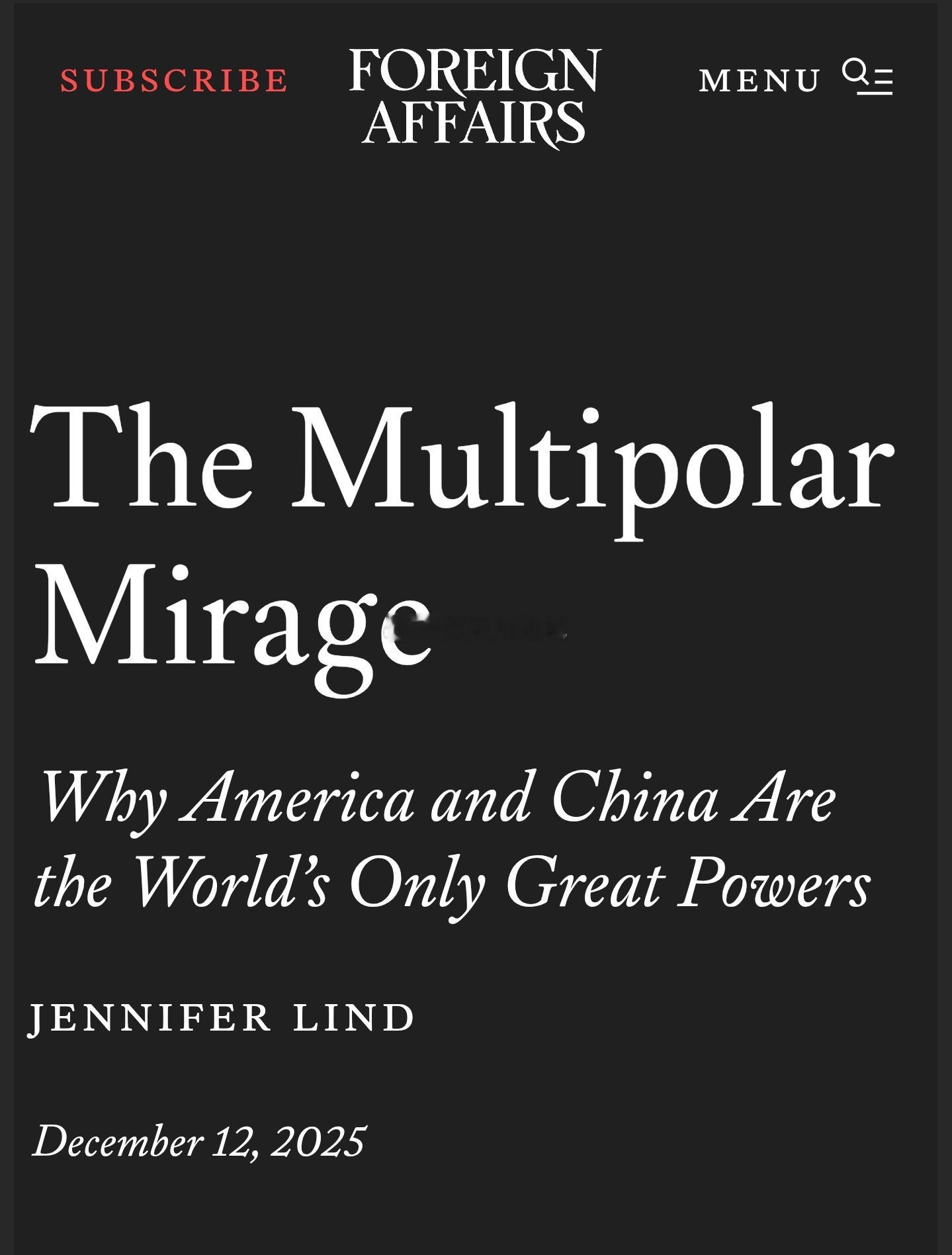 《外交事务》最新文章，《多极幻影——为什么美国和中国是世界上仅有的两个超级大国？