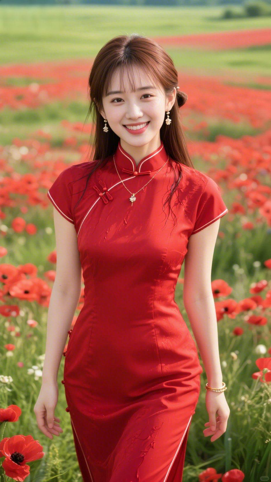 《红衫漾在花野间》风裹着花田的清甜漫过坡地，她身上的红衫与漫野绯色晕成一团