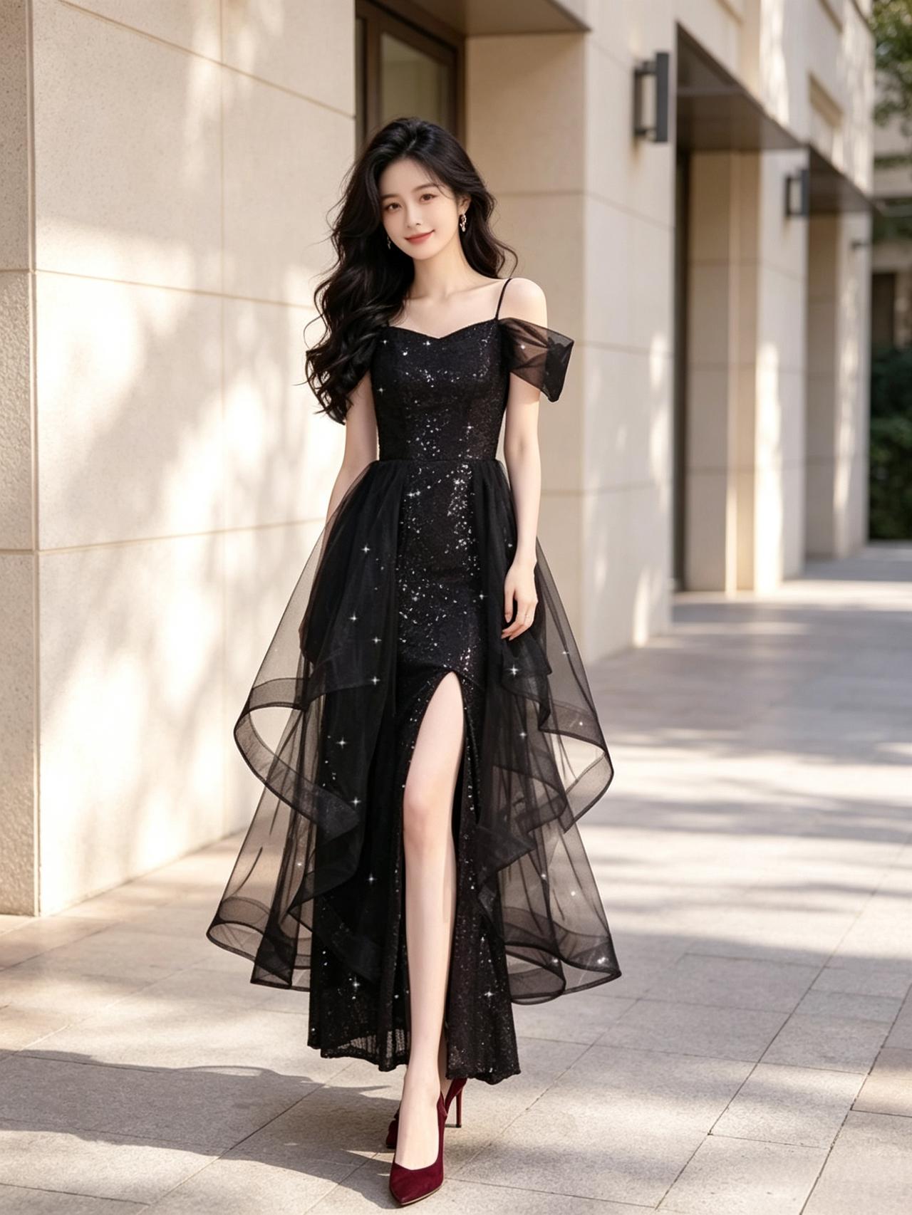 优雅黑裙，星光闪耀，自信步伐，都市时尚分享美女穿搭服饰女生怎么穿搭会看上去很