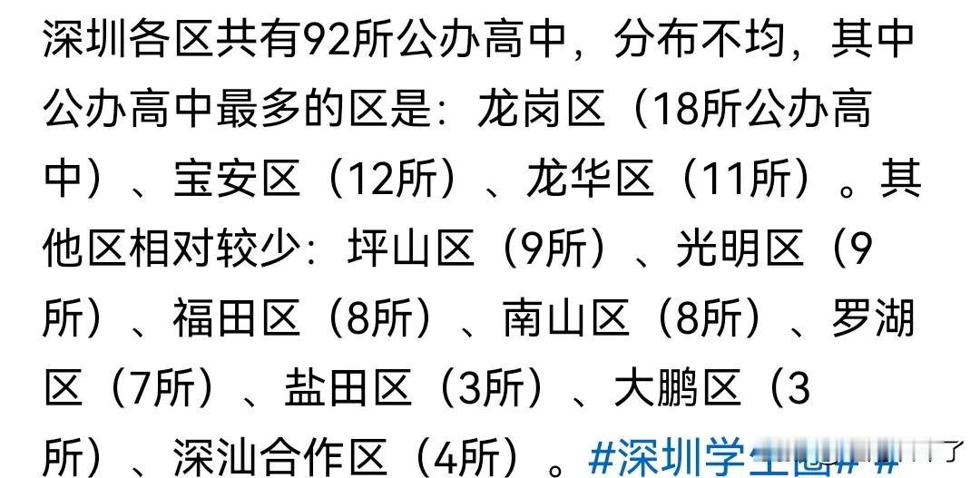 深圳目前有92所公立高中，47所民办高中，这92所公办高中主要集中在龙岗，龙华，
