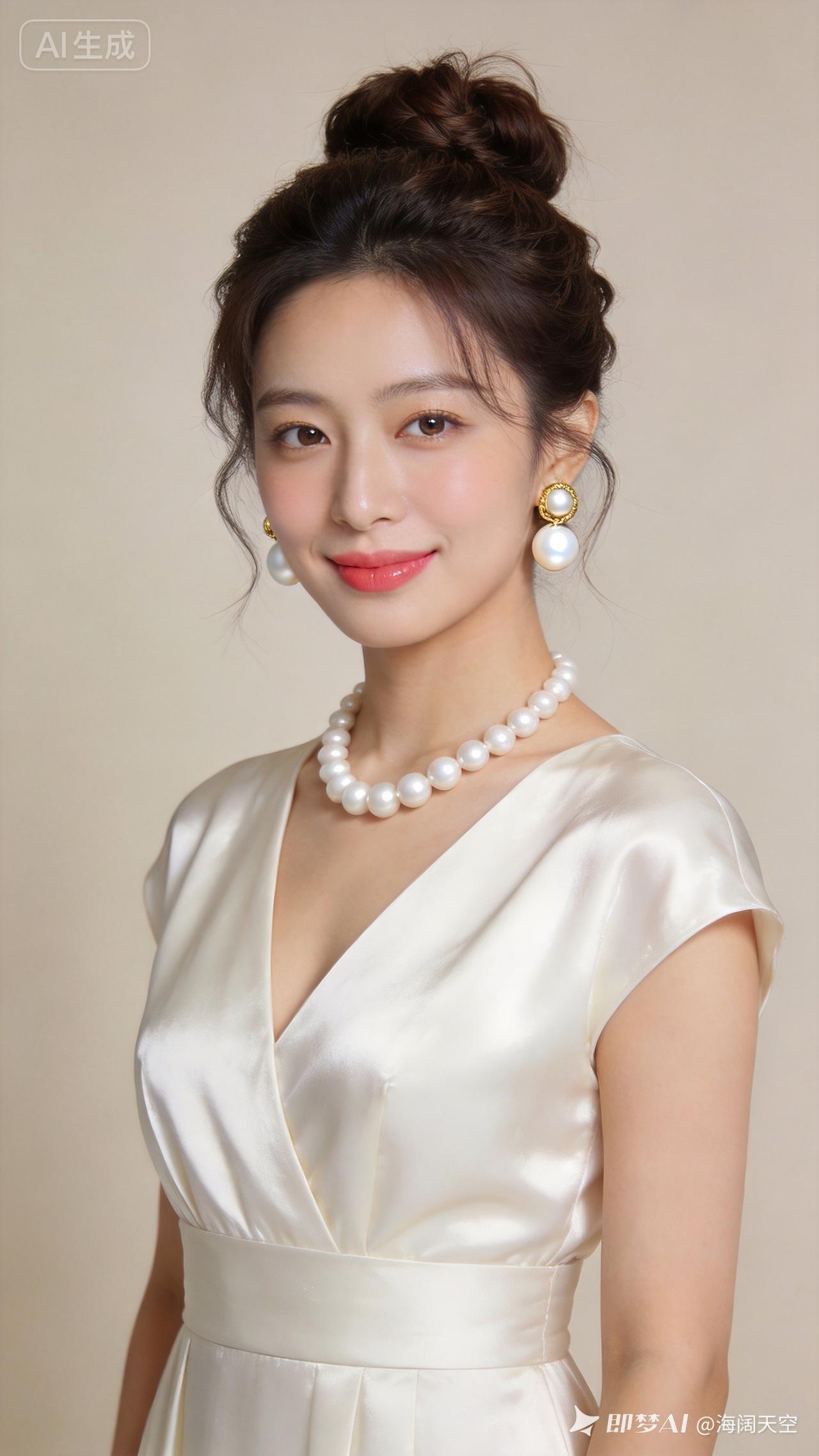 东方女子，蓬松深棕花苞高盘发，清透淡妆温婉浅笑。米白缎面收腰裙雅致大方，珍珠配饰