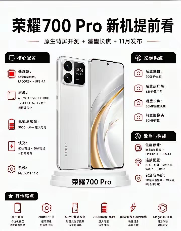 荣耀700Pro新机配置全曝光，预计11月发布！搭载骁龙8至尊版，性能直接拉
