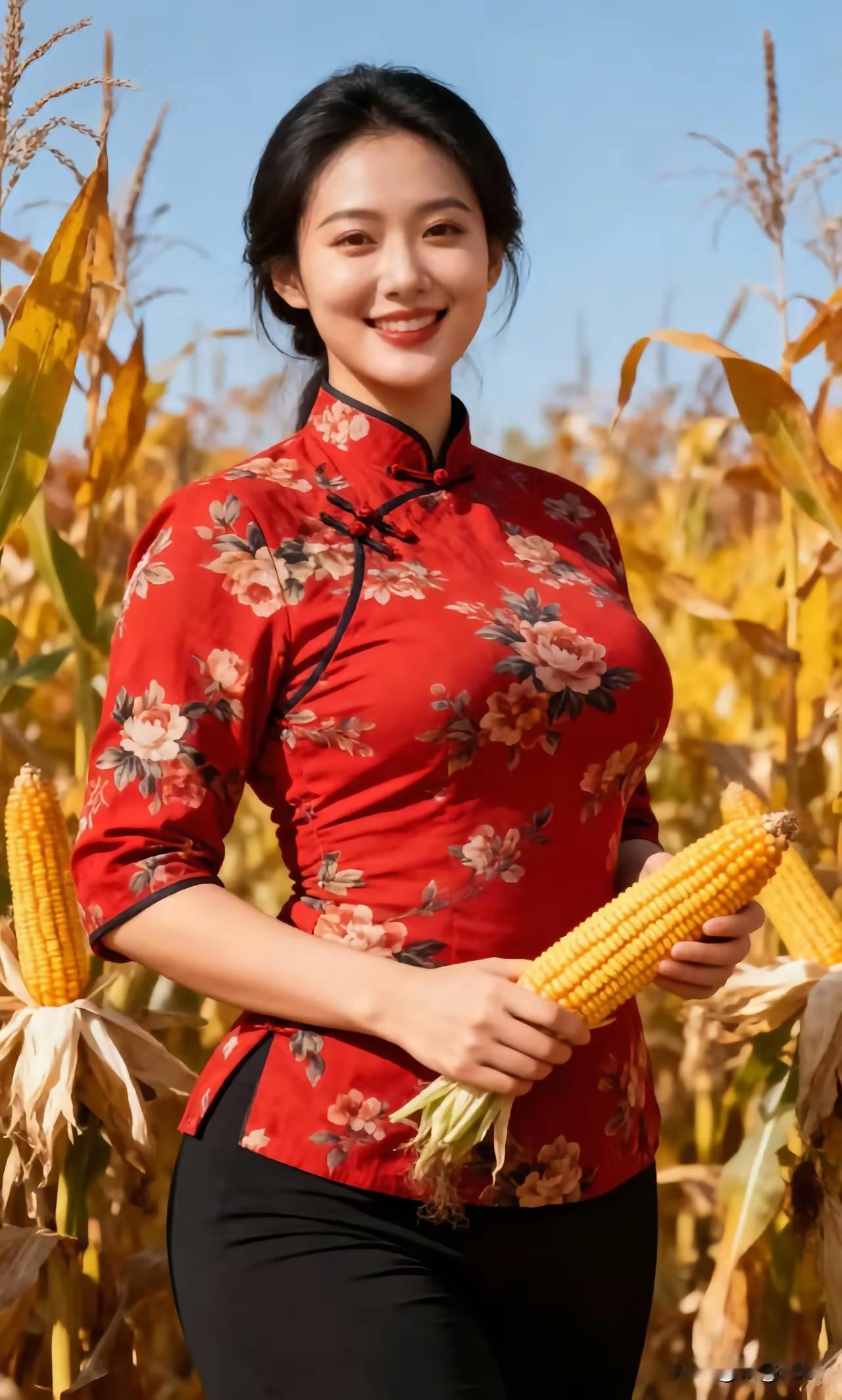 秋日田野中的甜美笑容，红衣少女与金黄玉米的完美搭配。