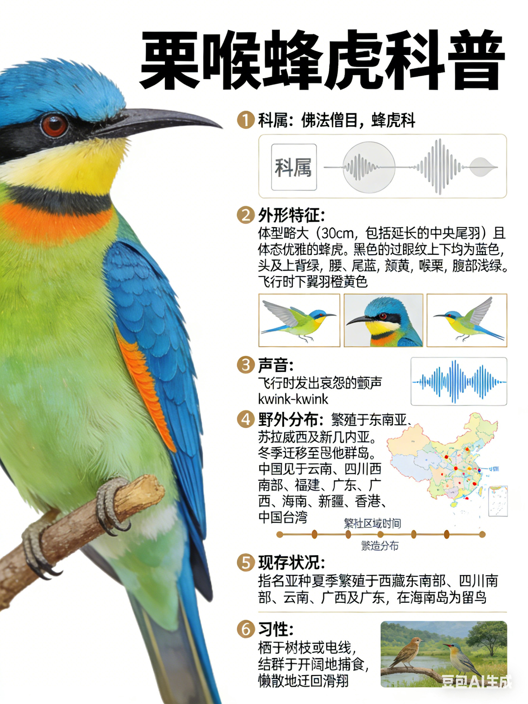 鸟类朋友图鉴栗喉蜂虎·科属：佛法僧目，蜂虎科。·外形特征：体型略大（30cm，