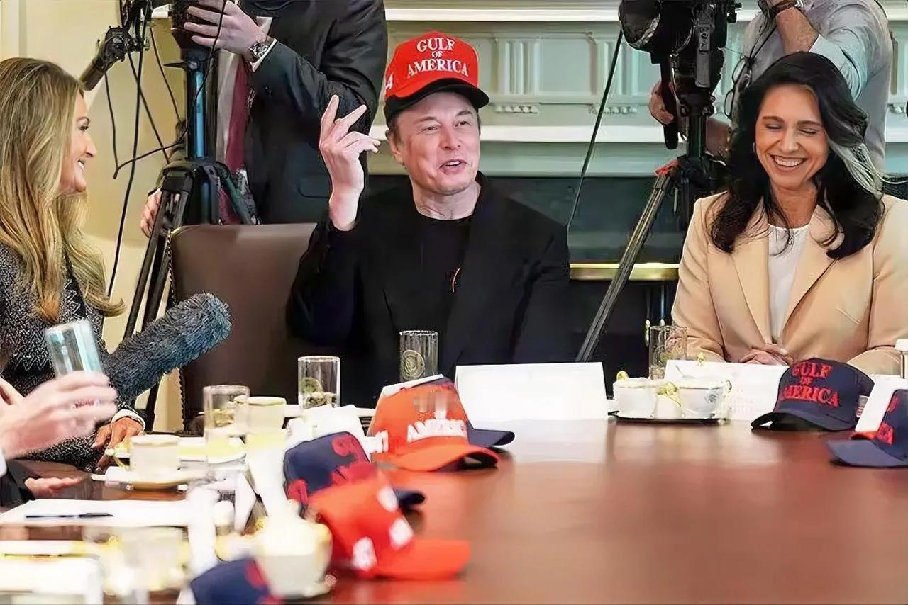 在白宫内阁会议上，可以看见马斯克头戴两顶帽子，一顶是黑帽子，另一顶是红帽子。总统