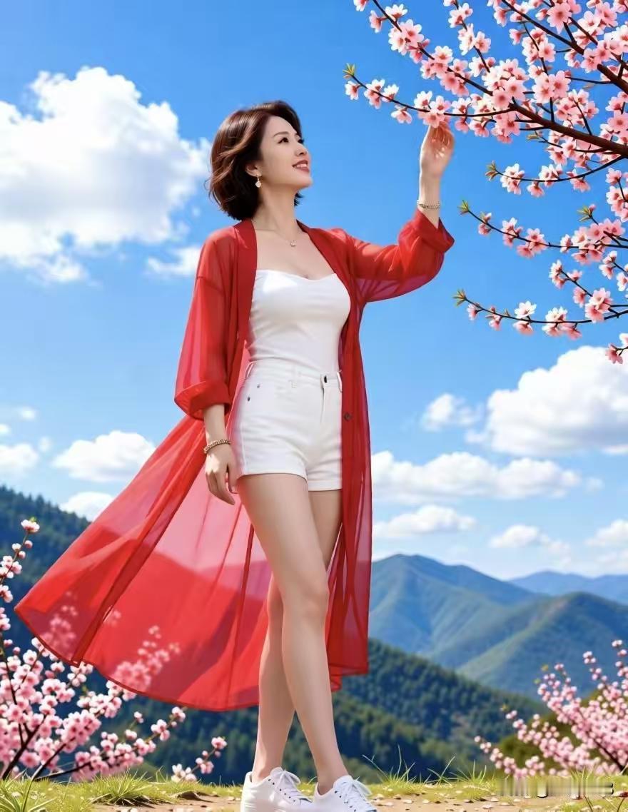 塞鸿秋·春山桃艳红衫飘袂朝霞映，晴郊桃蕊丹砂胜。纤枝逗得佳人兴，云偎青山