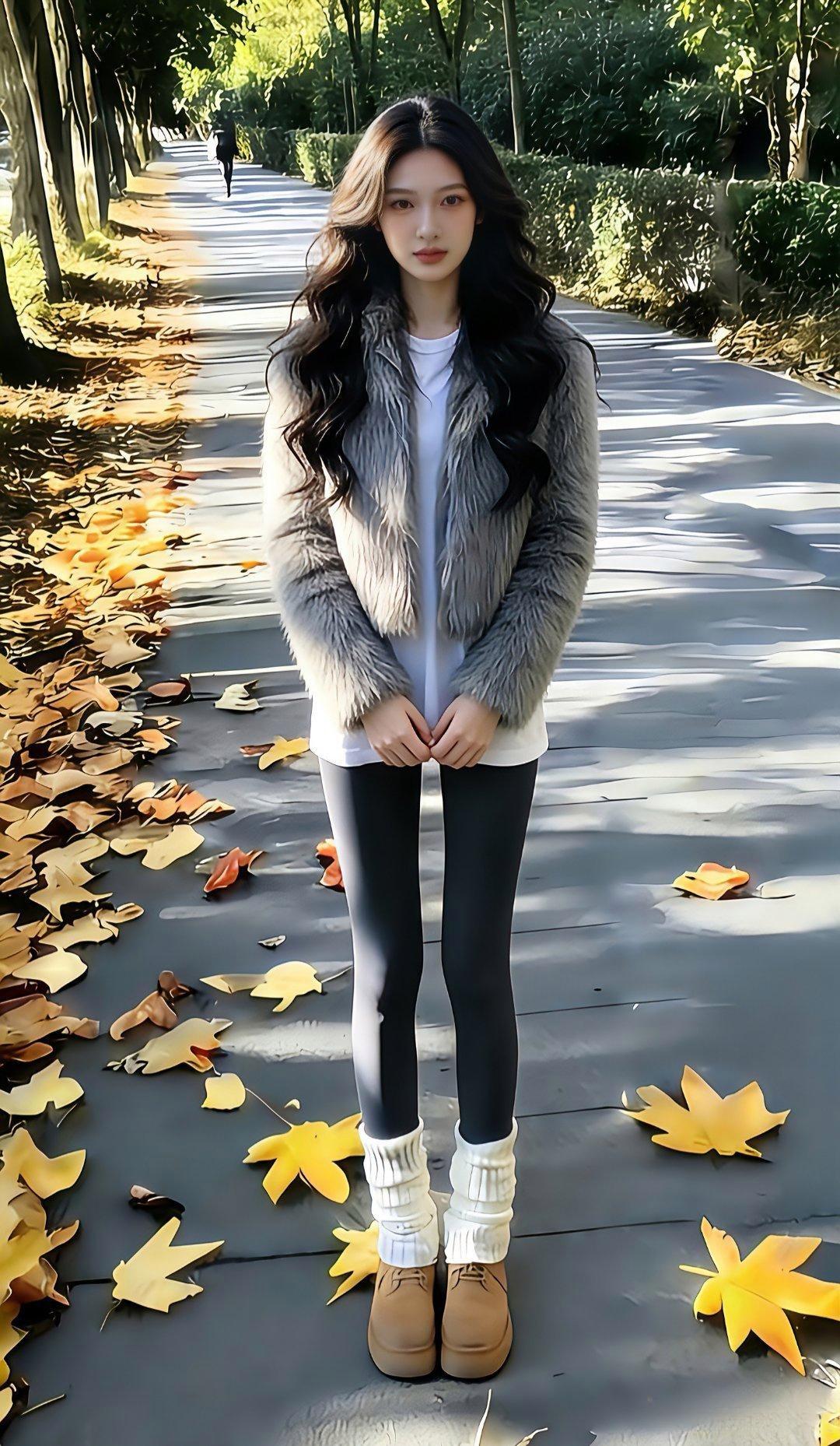 秋日漫步，落叶纷飞，温暖毛衣与长靴的完美搭配，尽显时尚与舒适。🍂👗👢