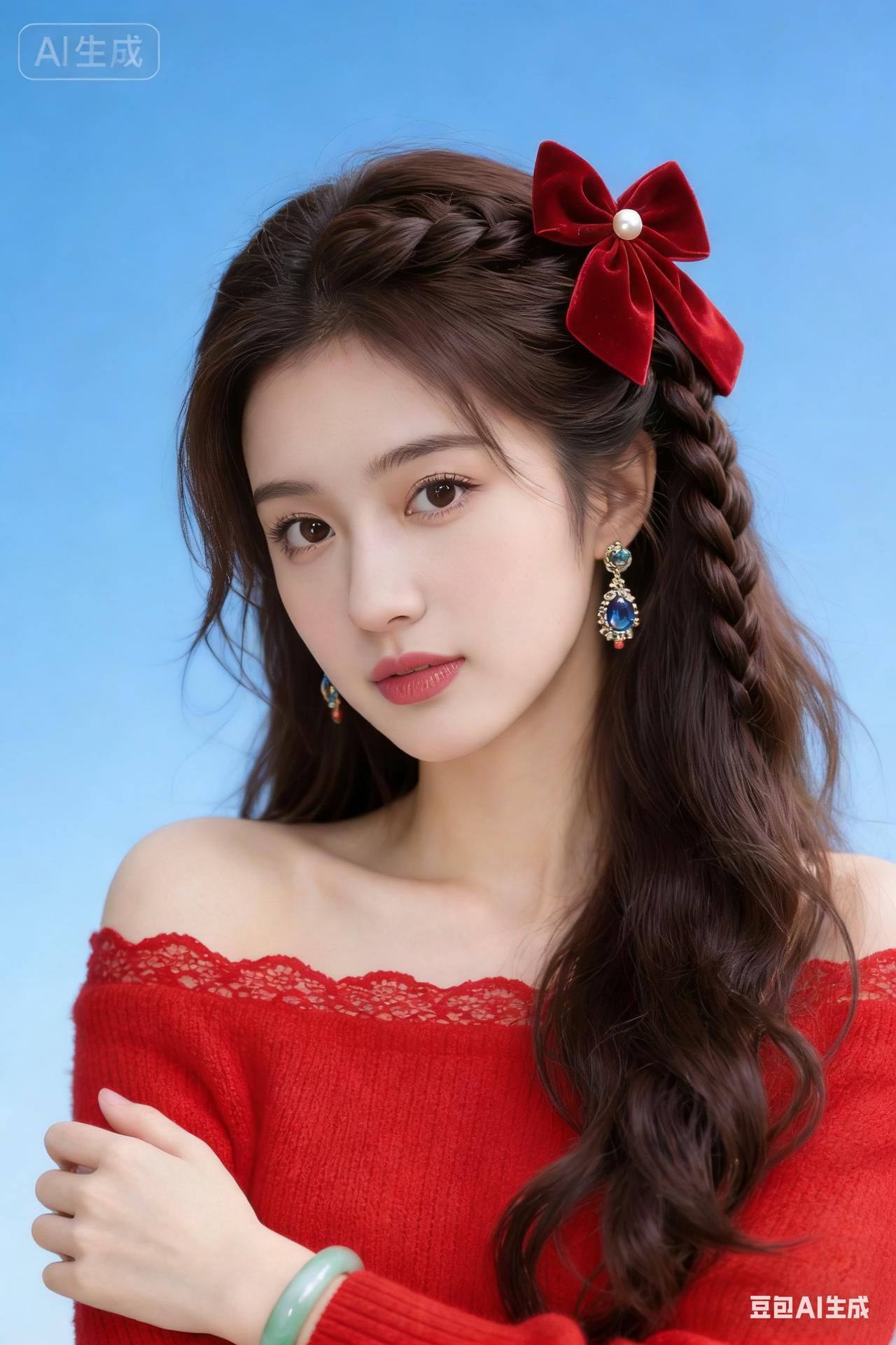 这妹子好美，红衣配红发蝴蝶结。漂亮耳环，玉镯，清新自然。