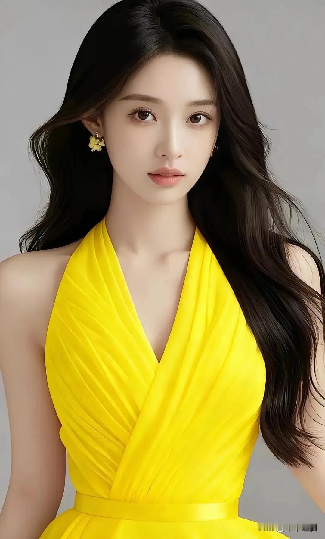 职场女性怎么穿更美?明黄挂脖礼裙衬着冷灰背景，黄花耳饰点缀揉出明艳又灵动的氛围