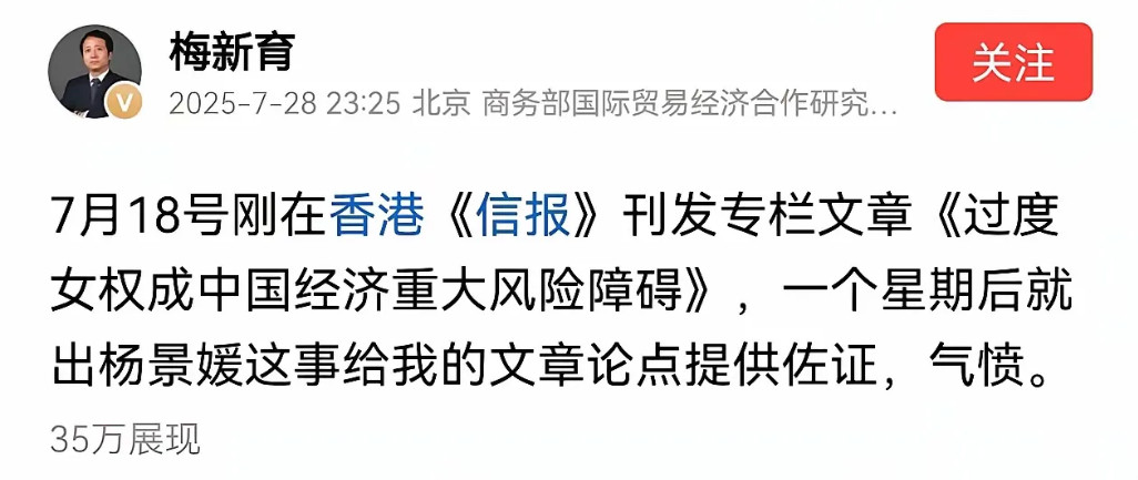 商务部研究院梅新育：过度女权成中国经济重大风险障碍。这句话分量很重。他不