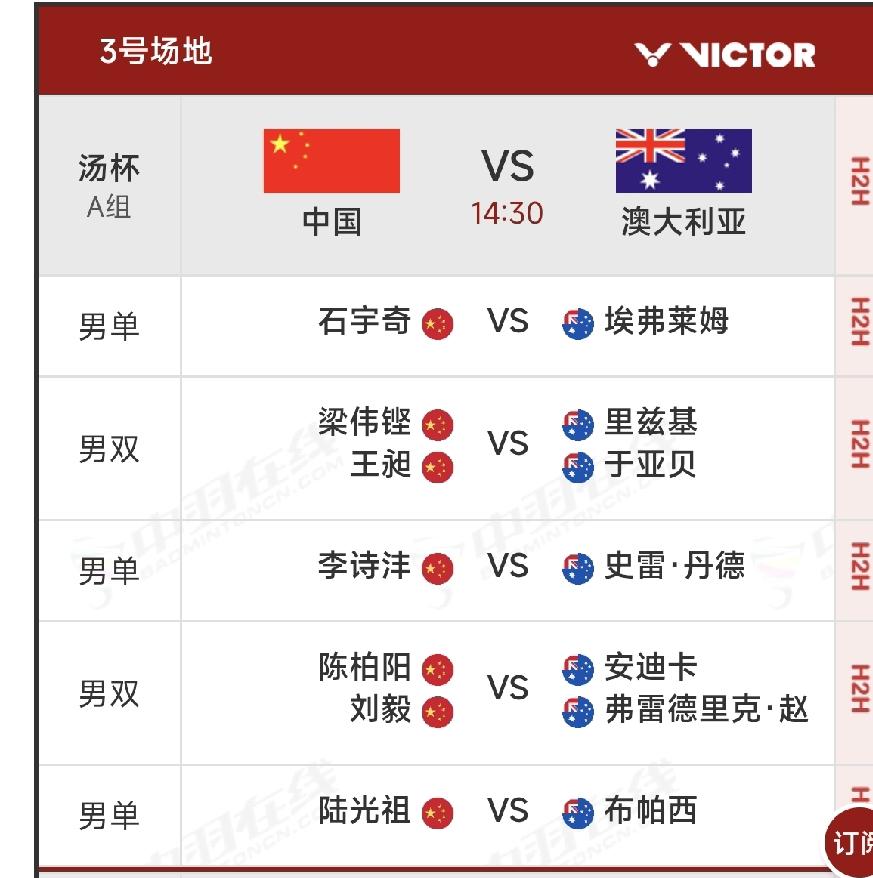 终于迎来汤尤杯的开幕，今天下午两点半，国羽男队将与澳大利亚，女队将与乌克兰展开对