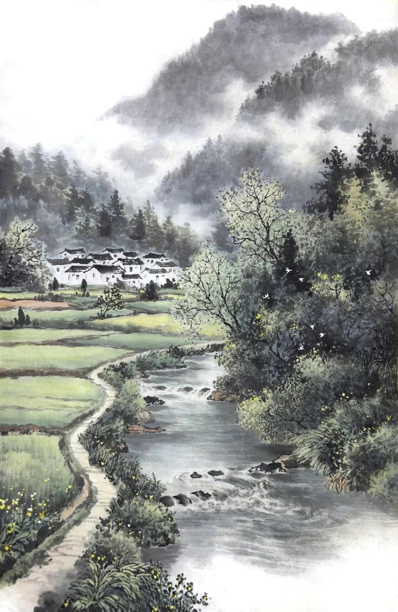 溪春。水墨山水创作者中心创作灵感纯手绘桃园深处有人家国画山水尺寸：70
