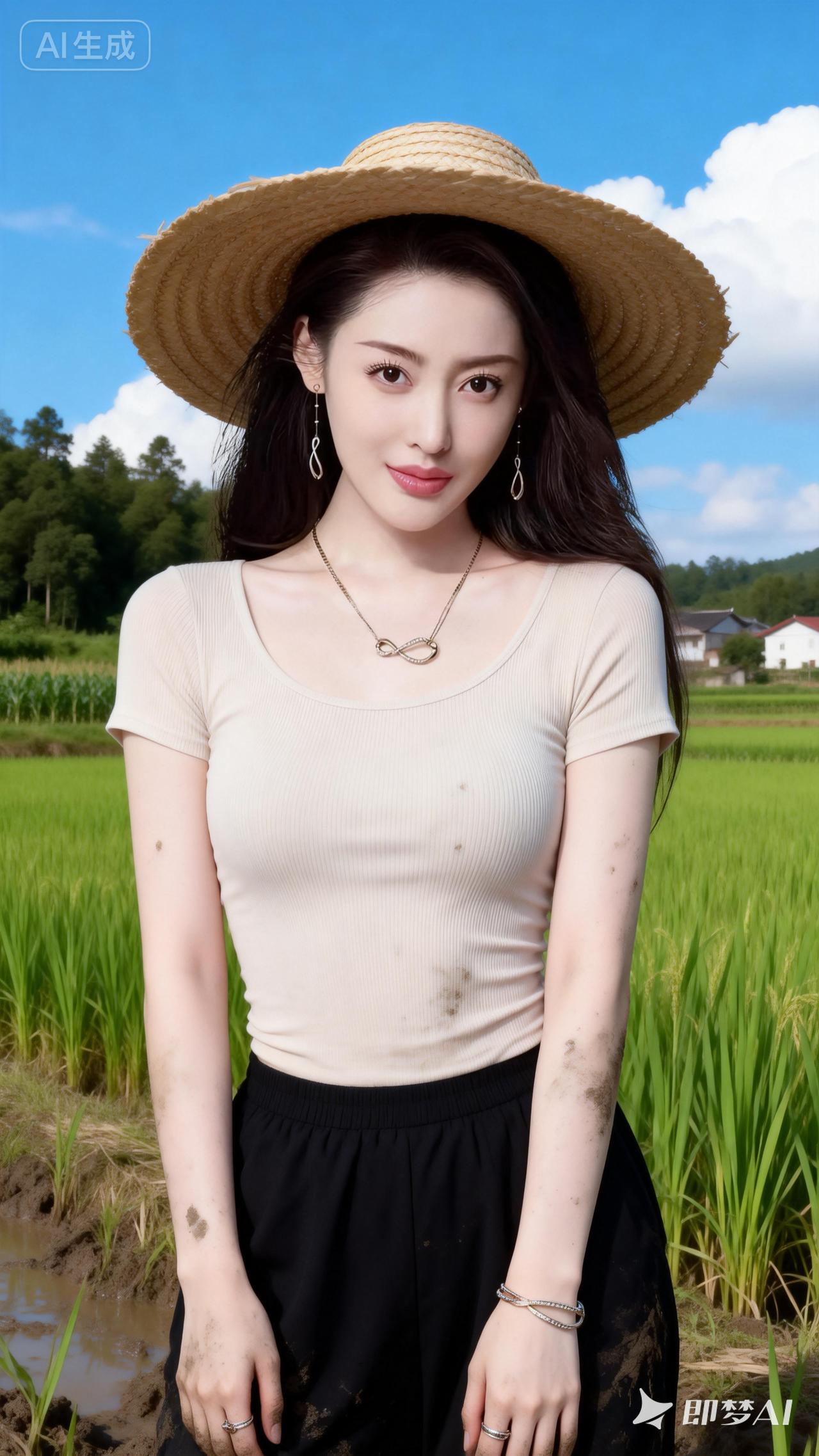 田园少女风，草帽+短袖，清新自然，阳光明媚