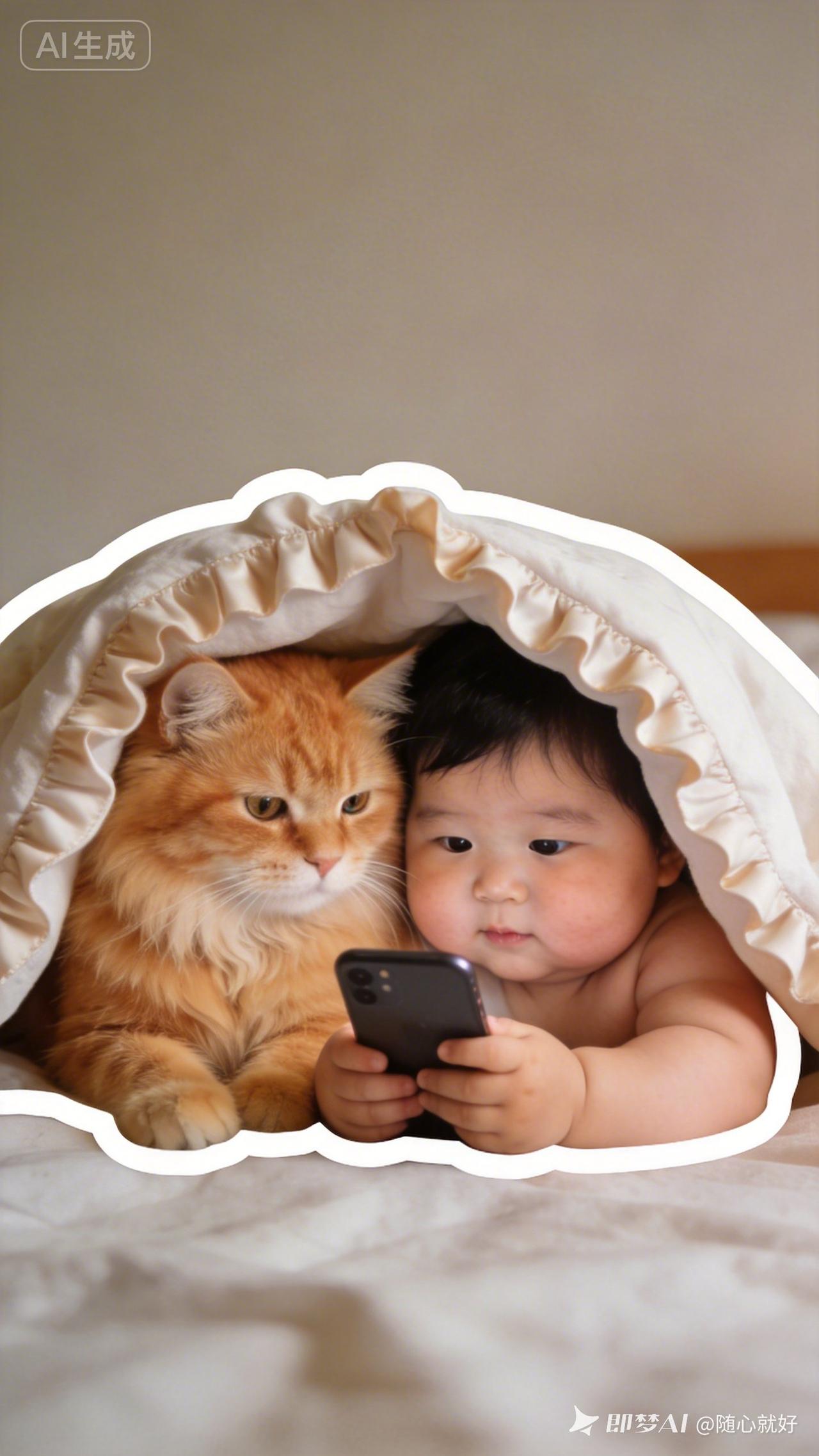 萌娃与猫咪共度温馨时光，一起看手机📱💕