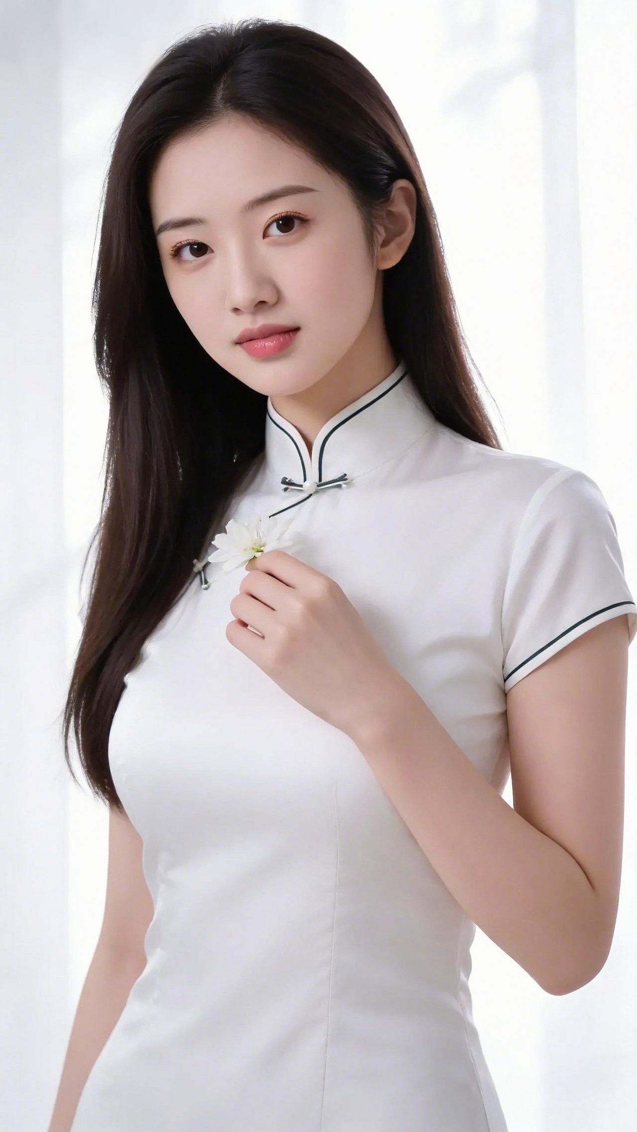 白旗袍裹素雅温柔光轻覆周身，她身上的白旗袍似裁了云的柔——青边缀着盘扣的雅